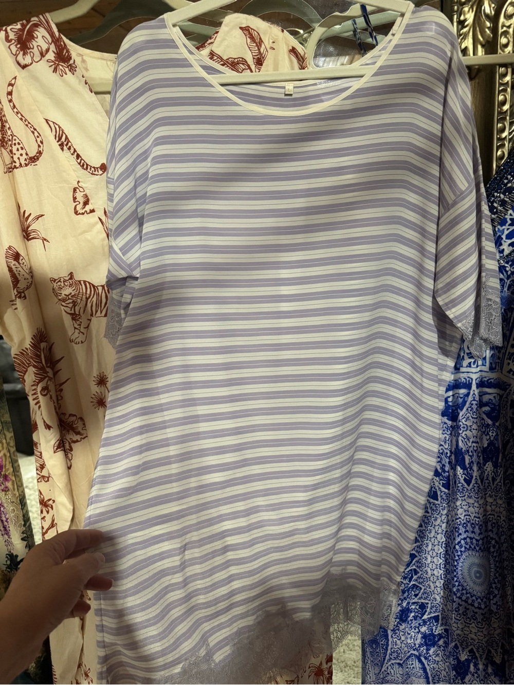 Gold Hawk Lux Silk Striped Lilac Dress With Lace Sleeve Edging&Hem $286 MSRP